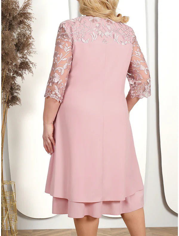 Luolandi Women's Plus Size Curve Party Dress Lace Dress Cocktail Dress Midi Dress Pink Dark Blue Light Blue 3/4 Length Sleeve Floral Lace Wedding Guest Mother of the Bride Dress